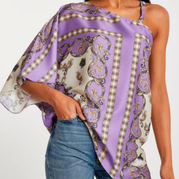 RIVER ISLAND One Shoulder Purple Scarf Print Shomance Top Large NWT Nordstrom - Picture 1 of 9